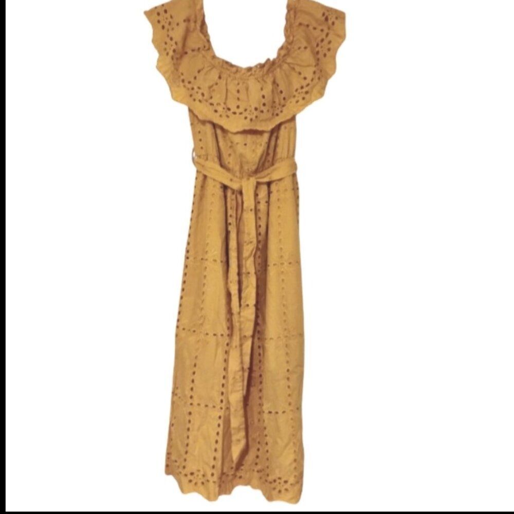 Simplee Dress Mustard Cotton Off Shoulder Ruffle Eyelet Cottage Prairie Peasant - Picture 6 of 14